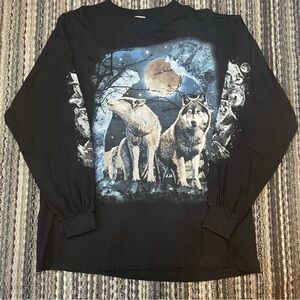 Vintage 90s Black AOP wolf moon nature long sleeve size XL